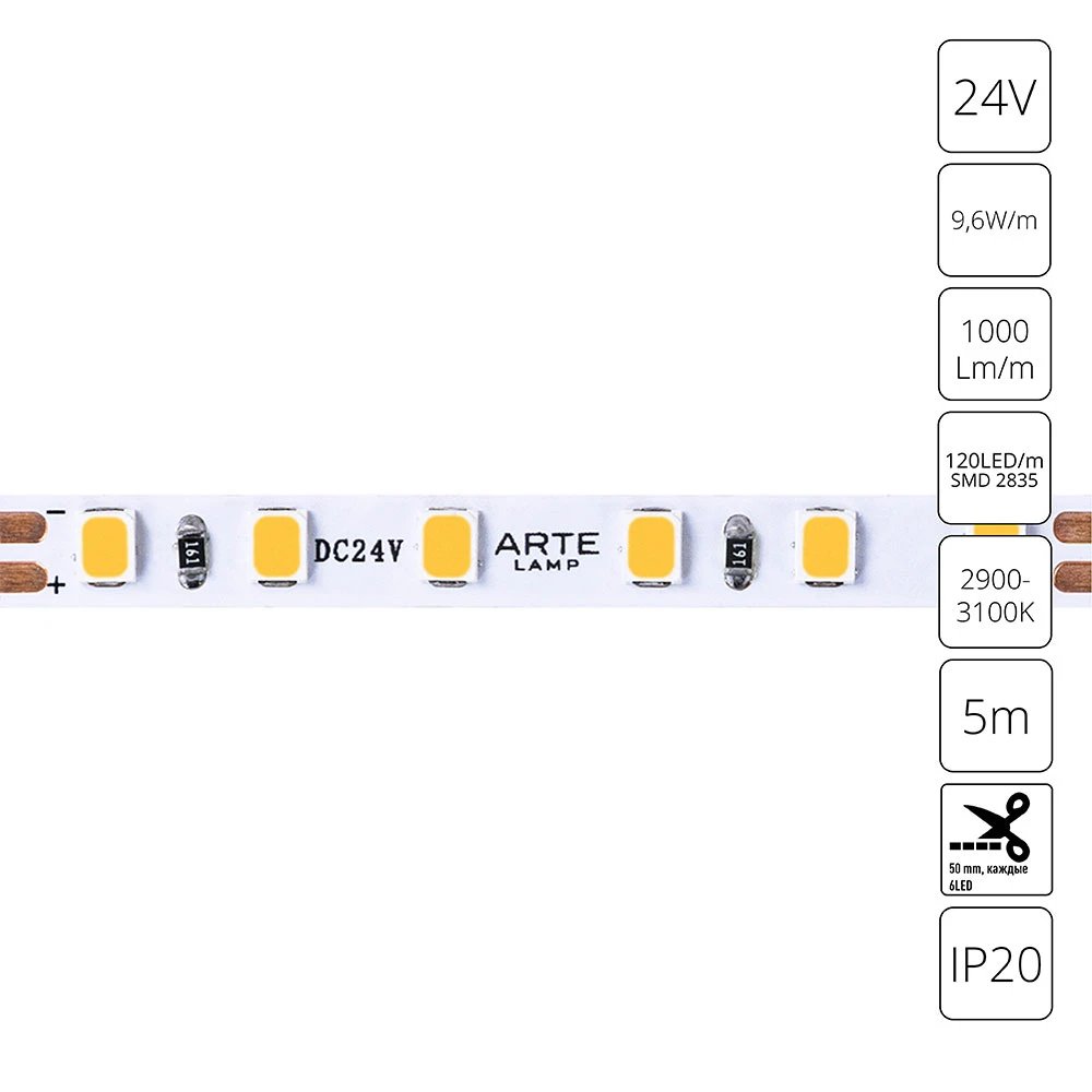 Светодиодная лента 24V 9,6W/m 3000К 5м Arte Lamp TAPE A2412005-01-3K
