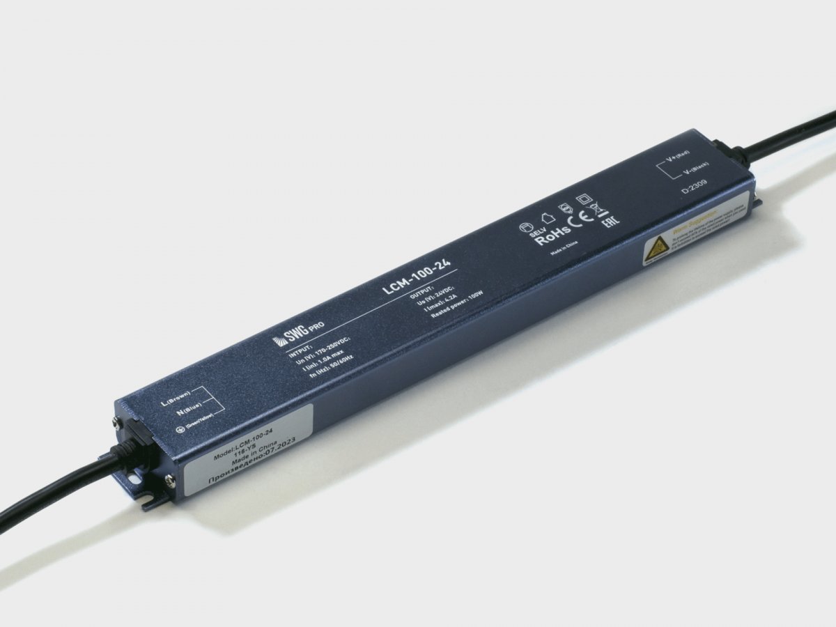 Блок питания сверхтонкий черный SWG, 100Вт, 24В, IP67, LCM-100-24