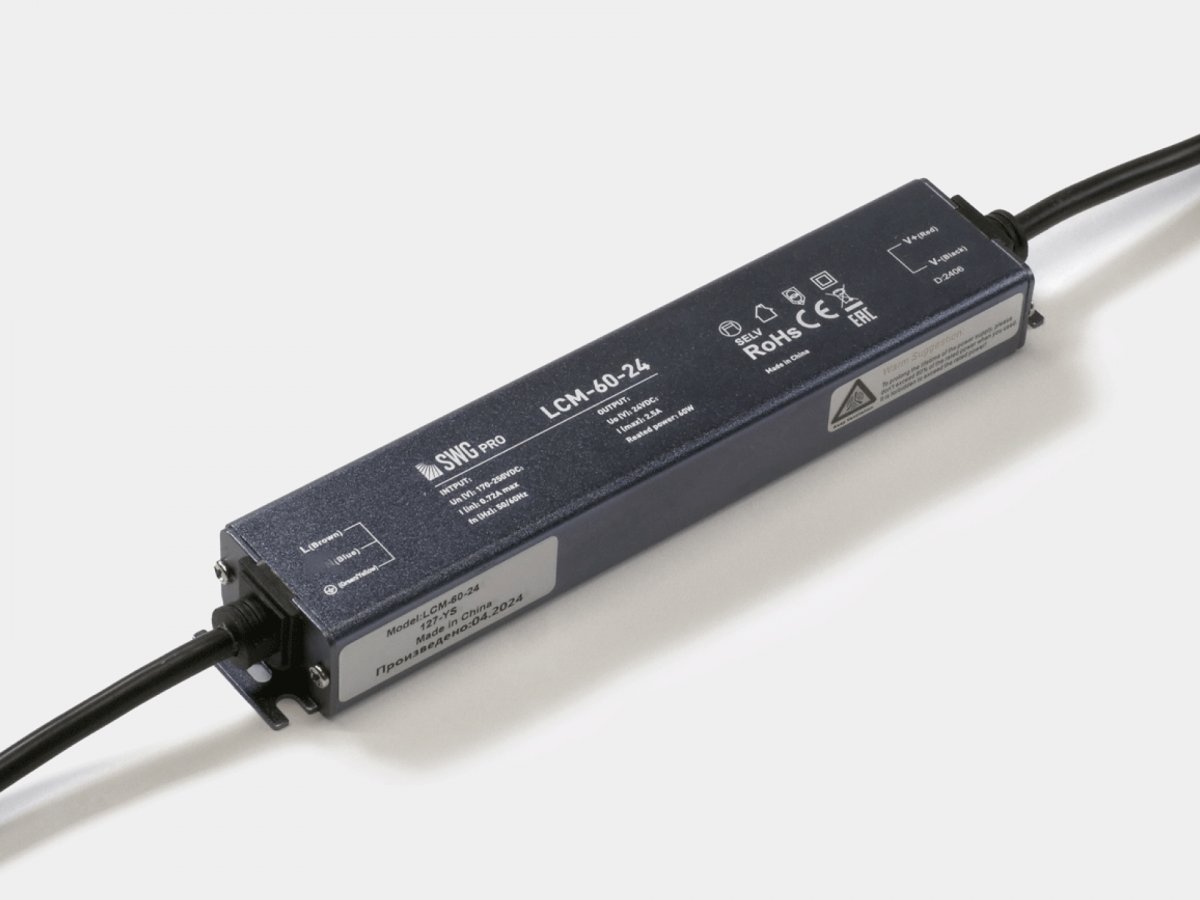 Блок питания сверхтонкий черный SWG, 60Вт, 24В, IP67, LCM-60-24
