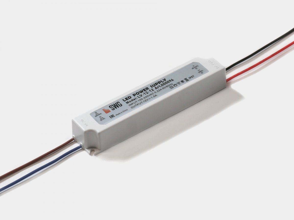 Блок Питания SWG для ленты IP 67 пластик 12 W, 12V, LV-12-12