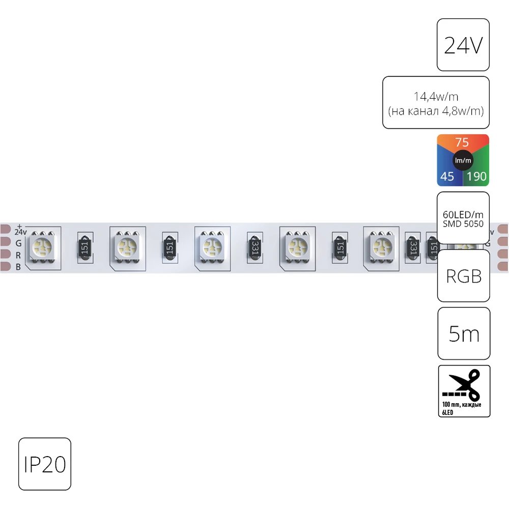 Светодиодная лента 24V 14,4W/m (на канал 4,8W/m) RGB 5м IP20 Arte Lamp TAPE A2406010-01-RGB