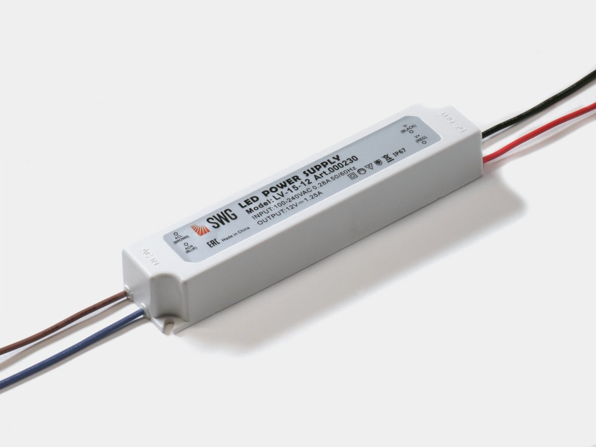 Блок Питания SWG для ленты IP 67 пластик 15 W, 12V, LV-15-12