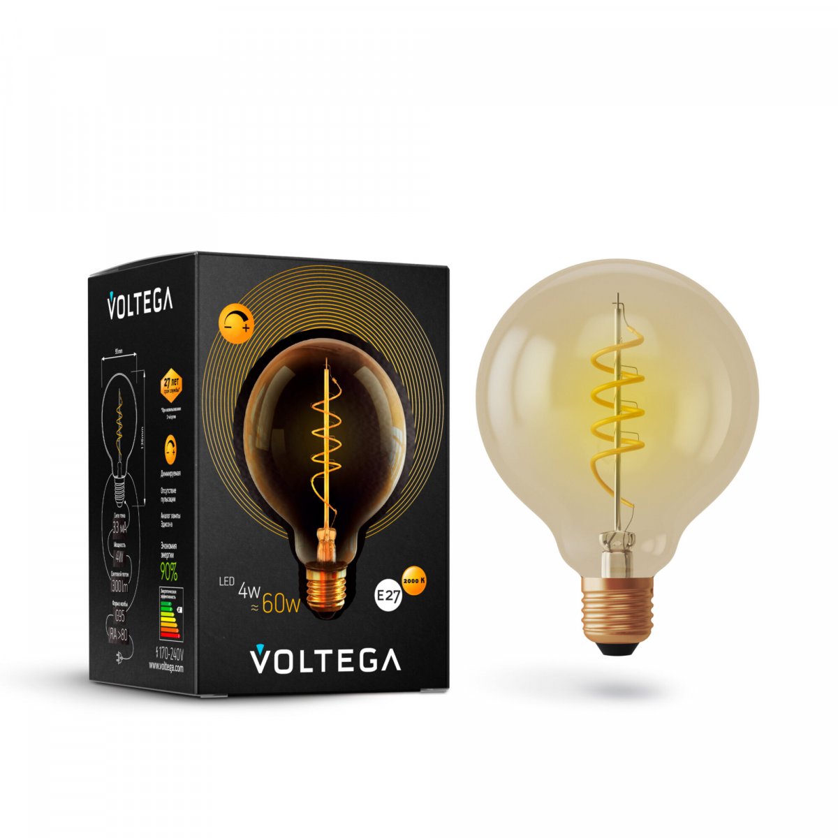 Светодиодная лампа декоративная лофт G95 4Вт 2800K E27 360° диммируемая Voltega 7076, тонированный