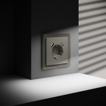 фото Розетка встраиваемая VOLTUM S70 с заземлением и защитными шторками, 16А, с USB, A+A, (шелк)