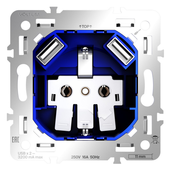фото Механизм розетки с заземлением и защитными шторками 16А, с USB A+A, S70