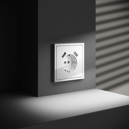 фото Розетка встраиваемая VOLTUM S70 с заземлением и защитными шторками, 16А, с USB, A+A, (белый глянцевы