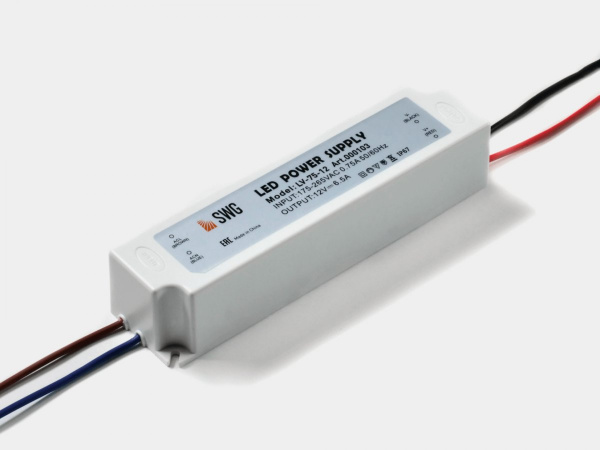 Блок питания SWG для светодиодных лент IP 67 пластик 75 W, 12V, LV-75-12