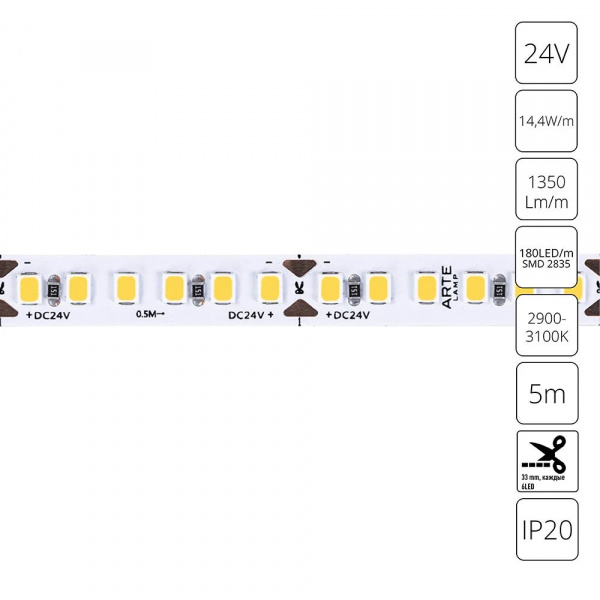 Светодиодная лента 24V 14,4W/m 3000К 5м Arte Lamp TAPE A2418008-01-3K
