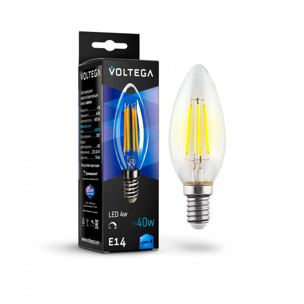 Светодиодная лампа филамент свеча 5Вт 4000K E14 360° диммируемая Voltega 8461