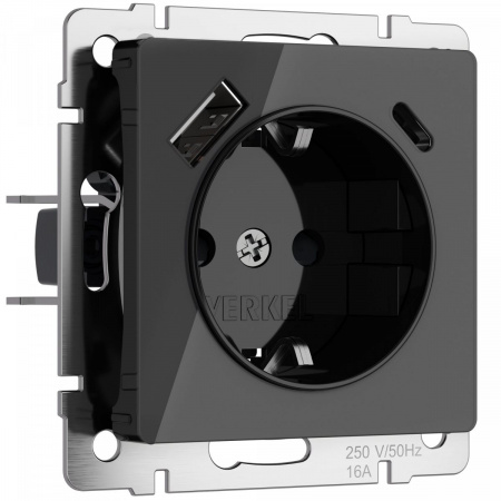 фото Розетка с заземлением, шторками и USB тип A+C (черный акрил) W1171748