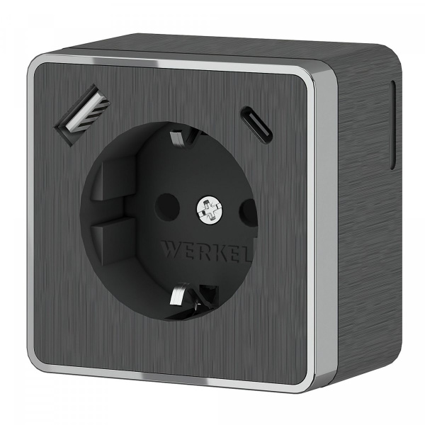 фото Розетка с заземлением, шторками и USB тип A+C Gallant графит рифленый W5071704