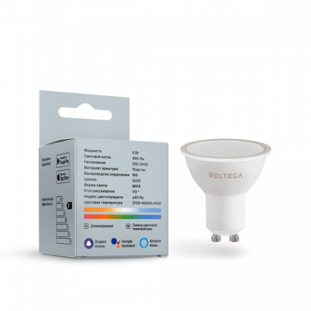фото Светодиодная лампа Wi-Fi MR16 GU10 5,5Вт Цветная (RGB) + Комбинированная (MIX) диммируемая 110° Voltega 2426