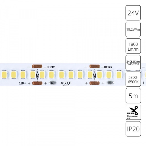 Светодиодная лента 24V 19,2W/m 6000К 5м Arte Lamp TAPE A2424010-03-6K