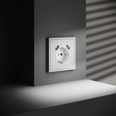 фото Розетка встраиваемая VOLTUM S70 с заземлением и защитными шторками, 16А, с USB, A+A, (белый матовый)
