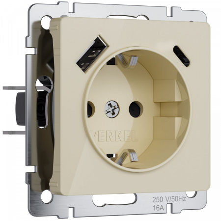 фото Розетка с заземлением, шторками и USB A+C (айвори акрил) W1171743