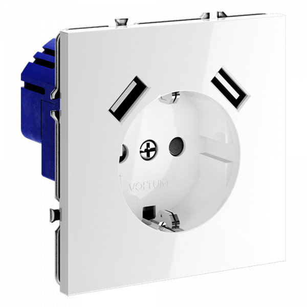 фото Розетка встраиваемая VOLTUM S70 с заземлением и защитными шторками, 16А, с USB, A+A, (белый глянцевы
