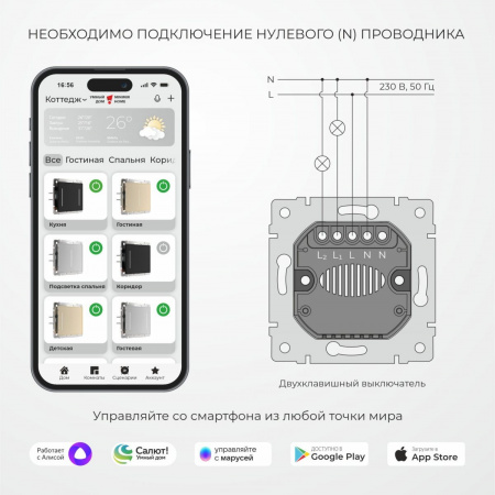 фото Умный сенсорный выключатель двухклавишный (белый) W4523001