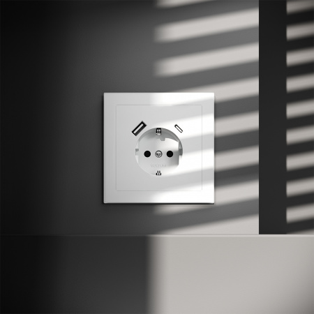 фото Розетка встраиваемая VOLTUM S70 с заземлением и защитными шторками, 16А, с USB, A+С, (белый матовый)