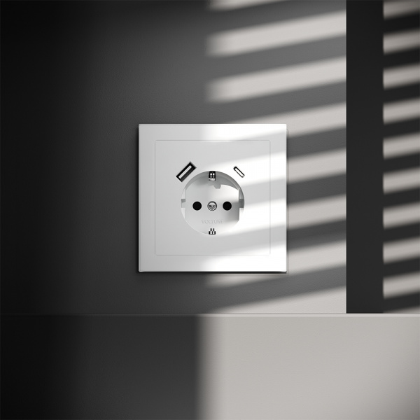 фото Розетка встраиваемая VOLTUM S70 с заземлением и защитными шторками, 16А, с USB, A+С, (белый матовый)