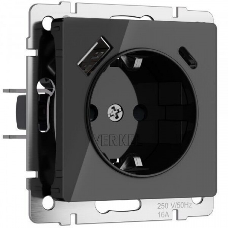 фото Розетка с заземлением, шторками и USB тип A+C (черный акрил) W1171748