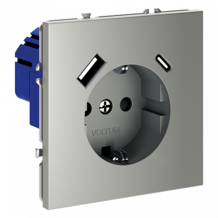 фото Розетка встраиваемая VOLTUM S70 с заземлением и защитными шторками, 16А, с USB, A+С, (сталь)