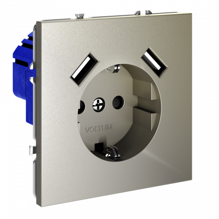 фото Розетка встраиваемая VOLTUM S70 с заземлением и защитными шторками, 16А, с USB, A+A, (шелк)
