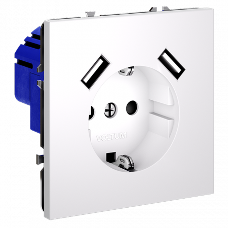 фото Розетка встраиваемая VOLTUM S70 с заземлением и защитными шторками, 16А, с USB, A+A, (белый матовый)