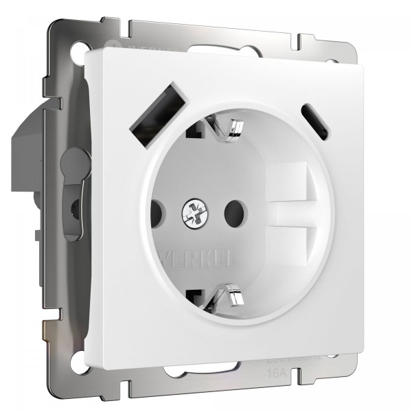 фото Розетка с заземлением, шторками и USB тип A+C (белый) W1171701