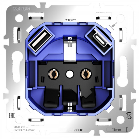 фото Механизм розетки с заземлением и защитными шторками 16А, с USB A+C, S70