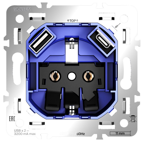 фото Механизм розетки с заземлением и защитными шторками 16А, с USB A+C, S70