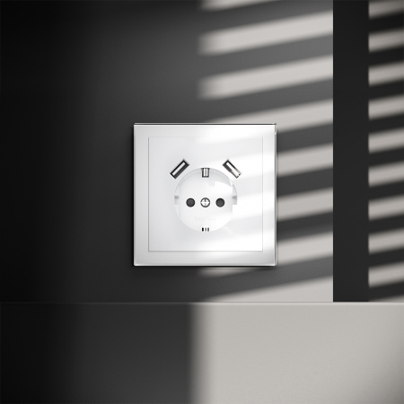 фото Розетка встраиваемая VOLTUM S70 с заземлением и защитными шторками, 16А, с USB, A+A, (белый глянцевы