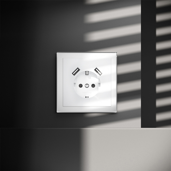 фото Розетка встраиваемая VOLTUM S70 с заземлением и защитными шторками, 16А, с USB, A+A, (белый глянцевы