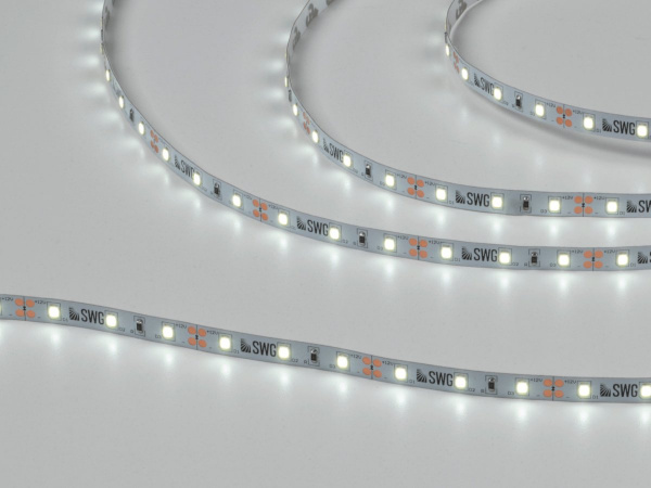 Светодиодная лента 2835, 60 LED/м, 4,8 Вт/м, 12В, IP20, 3M, Цвет: Холодный белый, SWG260-12-4.8-W-M, катушка 5 м