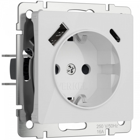 фото Розетка с заземлением, шторками и USB тип A+C (белый акрил) W1171741