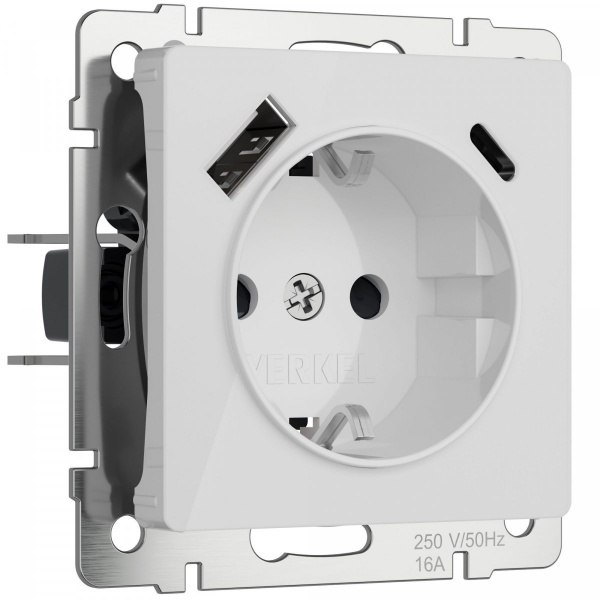 фото Розетка с заземлением, шторками и USB тип A+C (белый акрил) W1171741